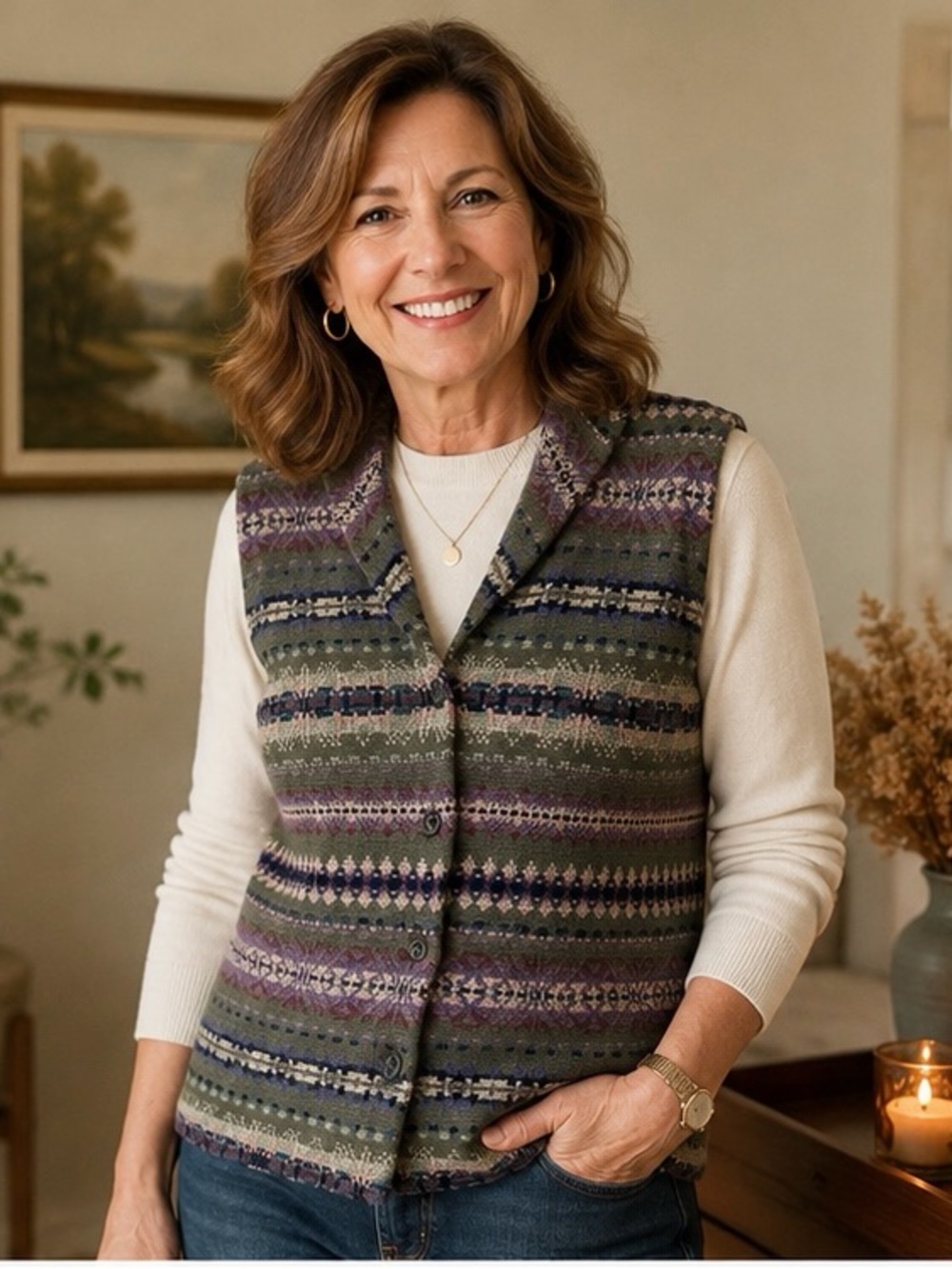 CHAPS Fair Isle Sweater Vest NWT Women’s Medium Olive Purple Button Front Knit